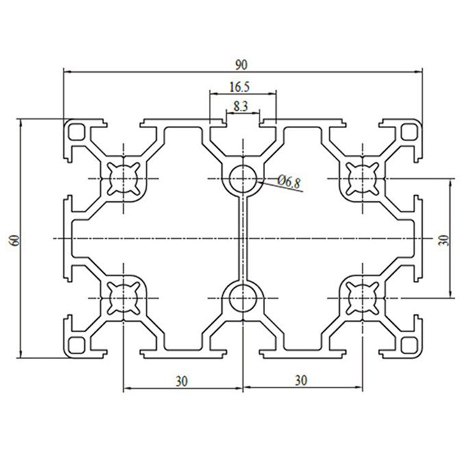 Perfil de aluminio extruido con ranura en T plateada 6090